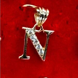 14K Yellow Gold tiny N initial pendant charm with CZ Stones